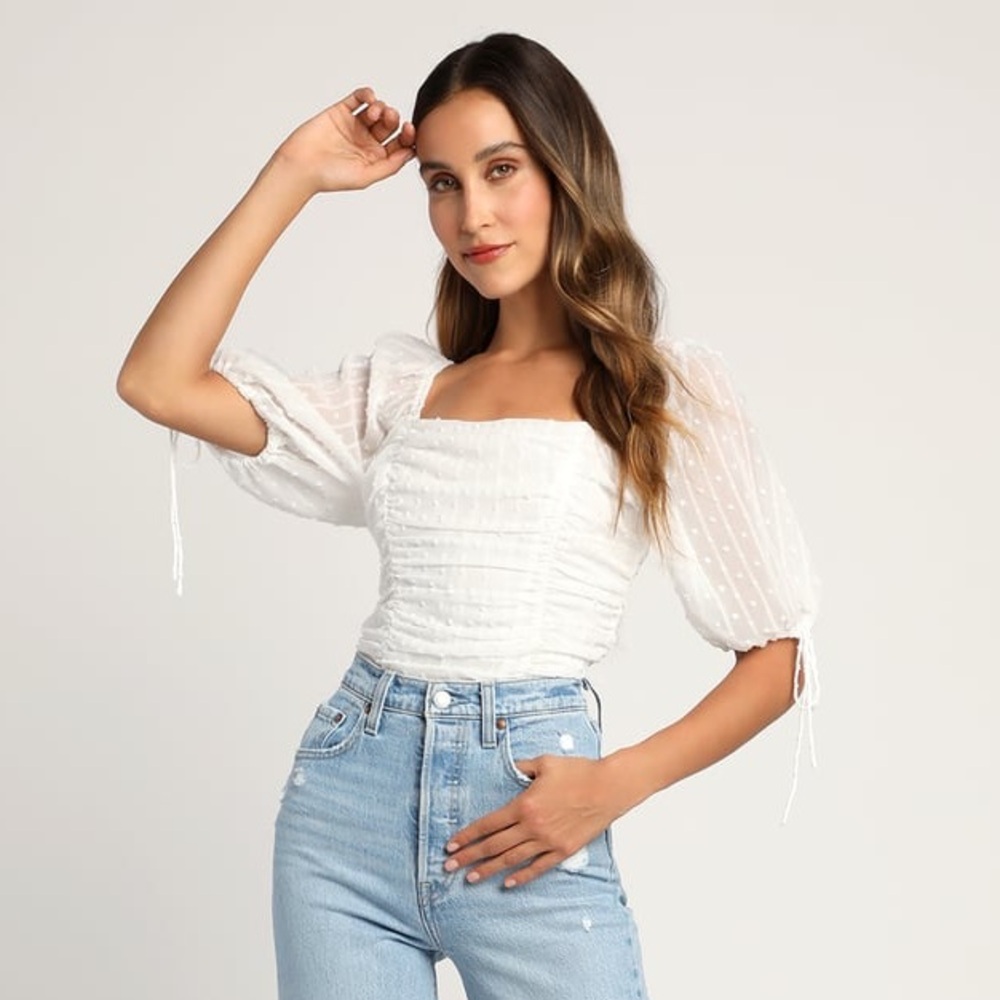 Think of Me Ivory Swiss Dot Ruched Bodysuit - Brand New